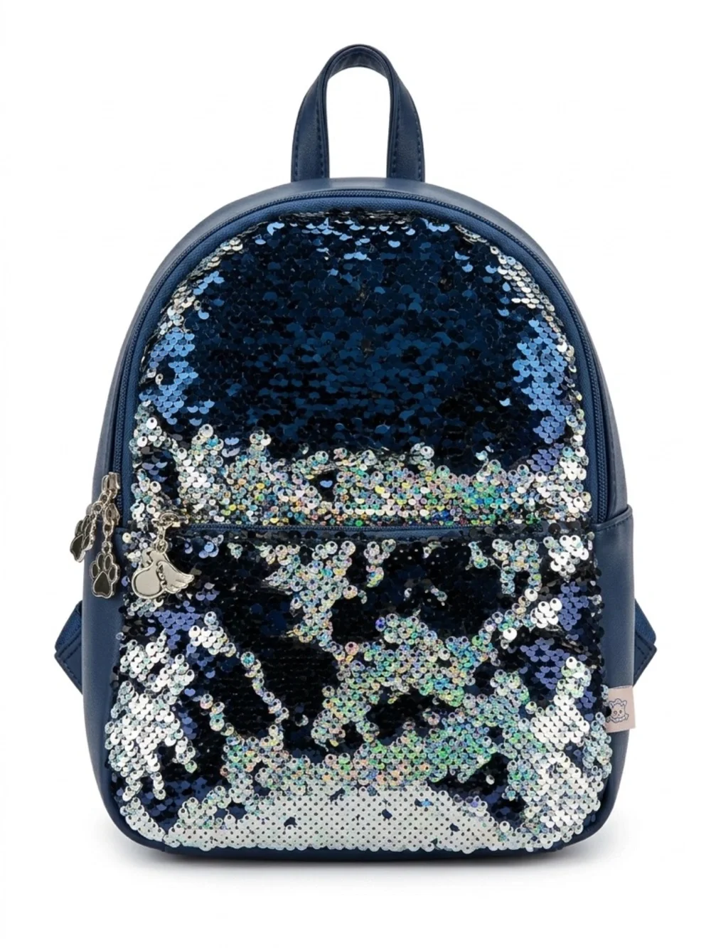 Blue Silver Sequin Mini Backpack Kids Star Charm Zip Bag